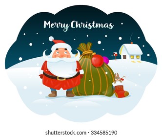 Merry Christmas postcard. Vector cartoon picture of Santa Claus with big sack of gifts.