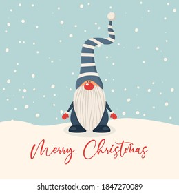 Merry Christmas Postcard. Vector Christmas Cute Gnome in the Snow Scene in Flat Style. Design Template for Merry Christmas and Happy New Year Card. Cartoon Kids Character