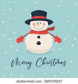 Merry Christmas Postcard. Vector Christmas Cute Snowman with Hat and Scarf in Flat Style. Design Template for Merry Christmas and Happy New Year Card. Cartoon Kids Character