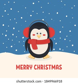 Merry Christmas Postcard. Vector Christmas Cute and Funny Penguin with Headphones in the Snow Scene in Flat Style. Design Template for Merry Christmas and Happy New Year Card. Cartoon Kids Character
