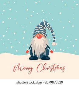 Merry Christmas Postcard. Vector Christmas Cute Gnome with Caps in Flat Style. Design Template for Merry Christmas and Happy New Year Card. Cartoon Kids Character - Funny Gnome