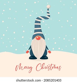 Merry Christmas Postcard. Vector Christmas Cute Gnome in Flat Style. Design Template for Merry Christmas and Happy New Year Card. Cartoon Kids Character - Funny Gnome with Blue Striped Cap