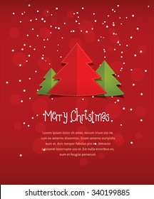 Merry Christmas postcard. Vector flat style illustration of New Year three trees with text frame placeholder. Red paper background with stripes and circles for card invitation greeting email template