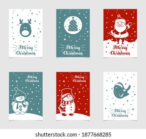 Merry Christmas postcard vector. Christmas greeting card design in flat cartoon style