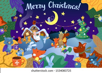 Merry Christmas postcard vector illustration with cute animal characters and fir tree. Wooden animal winter activity. Cartoon forest scenery. X-mas banner for children. Kid poster or card template