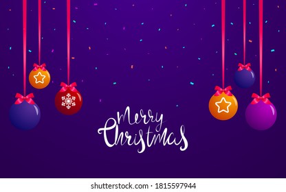Merry Christmas postcard Vector illustration in flat design Bright colorful baubles and confetti on purple background