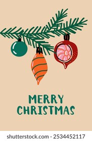 Merry Christmas Postcard. Vintage Greeting Card. Fir branch with Christmas Baubles. 