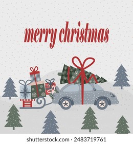 Merry christmas postcard, vitange design with christmas tree