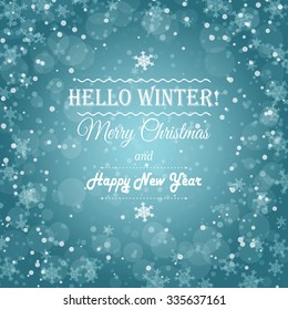 Merry Christmas postcard winter background with snowflakes