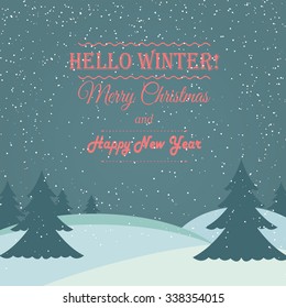 Merry Christmas postcard winter background with forest landscape