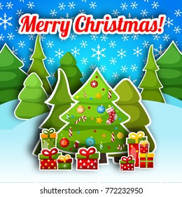 Merry christmas postcard with winter forest decorated fir tree and gift boxes flat vector illustration