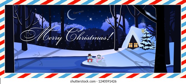 Merry christmas postcard of winter snowy night landscape scene with little house in forest and cute snowmen under the moon light. Vector illustration, banner, poster, greeting card.