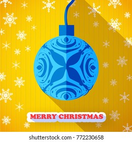 Merry christmas postcard without text and one big blue christmas ball with design flowers and leaves, numerous snowflakes on the beautiful yellow background vector illustration