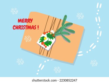 Merry Christmas postcard with a wrapped gift . Vector flat illustration.