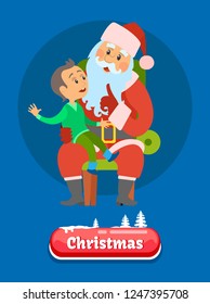 Merry Christmas postcard young kid telling about his dreams to Saint Nicholas sitting on knees and making wishes vector. Santa Claus and Little Boy on Blue