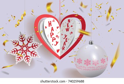 Merry Christmas postcard-origami made in a heart shape paper art style with text ,christmas ball and snowflake with defocused golden confetti around.Vector illustration.
