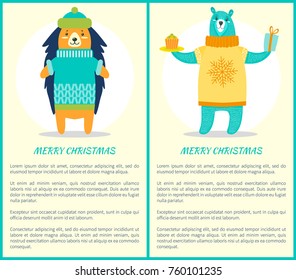 Merry Christmas postcards with happy funny animals with sweets and presents. Vector illustration with porcupine and bear dressed knitted in sweaters