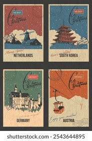 Merry Christmas Postcards, Korea Pagoda, Germany Neuschwanstein castle, Netherlands Windmills, Austria Aerial Tram. Countries Main Attractions. Retro Greeting Cards Style Illustrations