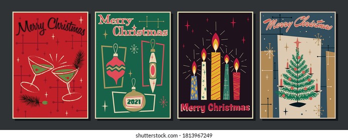 Merry Christmas Postcards, Mid Century Modern Seasonal Posters, Greeting Cards Style, Candles, Cocktail, Christmas Tree and Decorations, Candles, Vintage Colors and Shapes