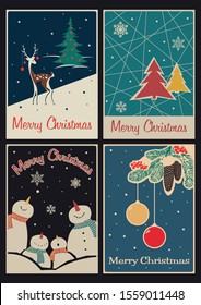 Merry Christmas Postcards, Posters, Greeting Cards Mid Century Modern Art Style, Deer, Christmas Trees and Decorations, Snowmen, Retro Colors 
