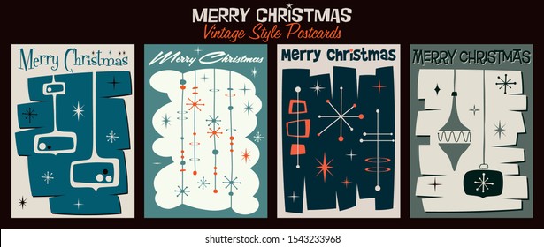 Merry Christmas Postcards, Posters, Invitation Templates. Mid Century Modern Style, Vintage Color and Shapes, Winter Holiday Background Set