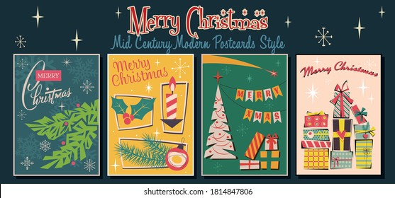 Merry Christmas Postcards, Retro Holiday Greeting Cards Style, Christmas Tree, Decorations, Presents, Candle, Holly Leaves, Snowflakes 