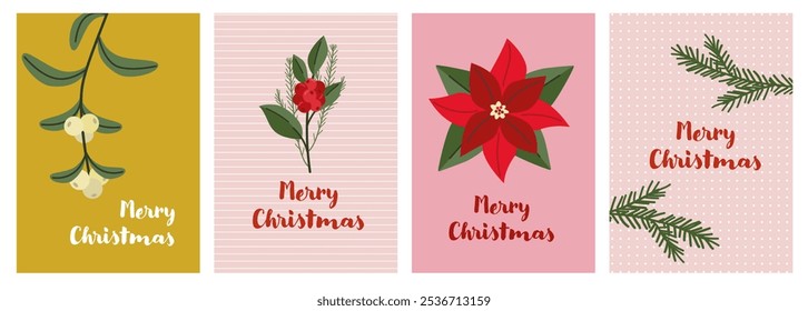 Merry Christmas Postcards. Set of Happy Holidays greeting cards. Illustration of pine branches, holly and poinsettia. 