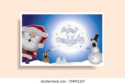 Merry Christmas postcard-Santa Claus, snowman and reindeer congratulate the New Year from the north pole.Vector illustration.