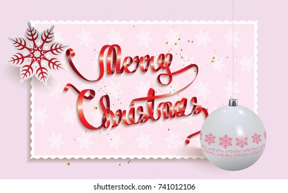 Merry Christmas postcard-text written with red decorative paper with snowflake,christmas ball and confetti around.Vector illustration.