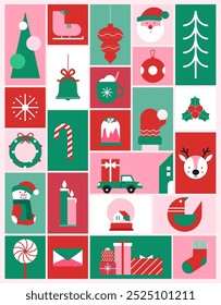 Cartaz de Natal alegre, modelo imprimível do calendário do advento com elementos de Natal no estilo minimalista moderno