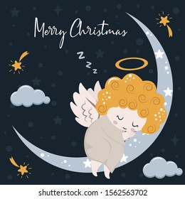 merry christmas poster with angel and moon - vector illustration, eps