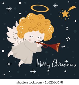 merry christmas poster with angel - vector illustration, eps