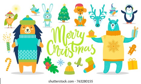 Merry Christmas poster with animals, calligraphic headline in centerpiece, icons of snowflake, presents and trees, warm clothes vector illustration