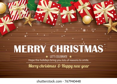 Merry christmas poster background design template. Typography and gift box on brown wooden.