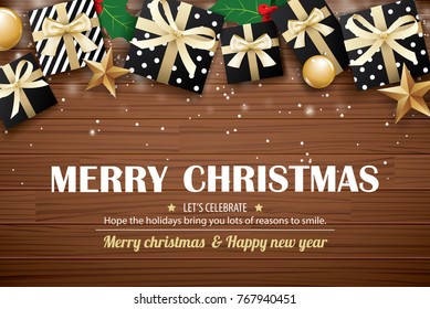 Merry christmas poster background design template. Typography and gift box on brown wooden.