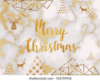 Merry christmas poster or background, party invitation template with golden glitter, marble and metal foil texture, lettering, winter holidays celebration banner, trendy vector illustration