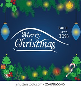 Fröhliche Weihnachts-Plakathintergrund mit Weihnachtsbaumzweigen, Weihnachtsball und Geschenkbox. Weihnachtsfeiertag Hintergrund. Vektorgrafik.