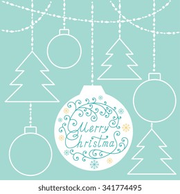 Merry Christmas  poster, Christmas ball with fir branches and decoration elements. This illustration can be used as a greeting card, poster or print.