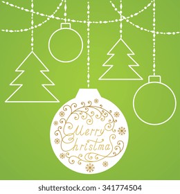 Merry Christmas  poster, Christmas ball with fir branches and decoration elements. This illustration can be used as a greeting card, poster or print.