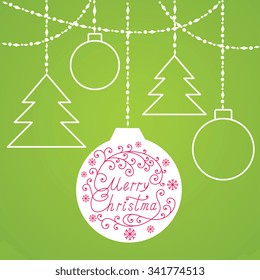 Merry Christmas  poster, Christmas ball with fir branches and decoration elements. This illustration can be used as a greeting card, poster or print.