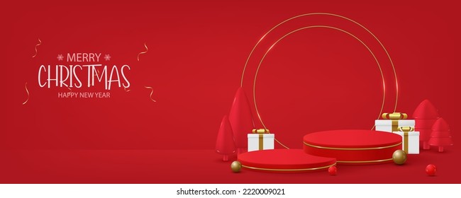 Merry Christmas poster banner. 3d product display display podium platform and festive decoration red background. The stage for the showcase. 3d background vector illustration.