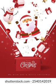 Merry christmas poster banner background template with surprise opened box santa claus and snow man and gift box