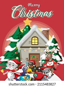 Merry Christmas poster banner with Cute animals illustration
