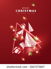 Merry Christmas poster banner with Falling gift box and festive decoration on red background