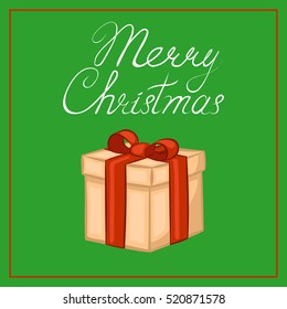 Merry Christmas poster, banner, greeting card. Gift box with red bow. Vector illustration.