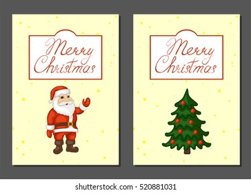 Merry Christmas poster, banner, greeting card set. Santa Claus and Christmas tree on a yellow background. Vector illustration.