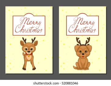 Merry Christmas poster, banner, greeting card set. Reindeer and dog with horns. Vector illustration.