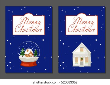 Merry Christmas poster, banner, greeting card set. Snow globe and decorated house. Vector illustration.