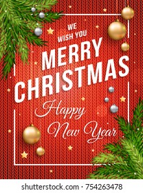 Merry Christmas poster banner with knitted red background, gold and silver Christmas balls and template text for your congratulation. Eps 10 vector illustration