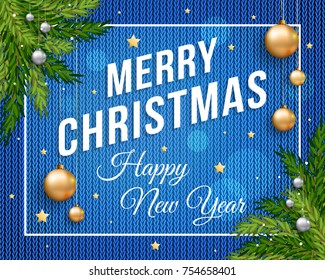 Merry Christmas poster banner with knitted blue background, gold and silver Christmas balls and template text for your congratulation. Eps 10 vector illustration